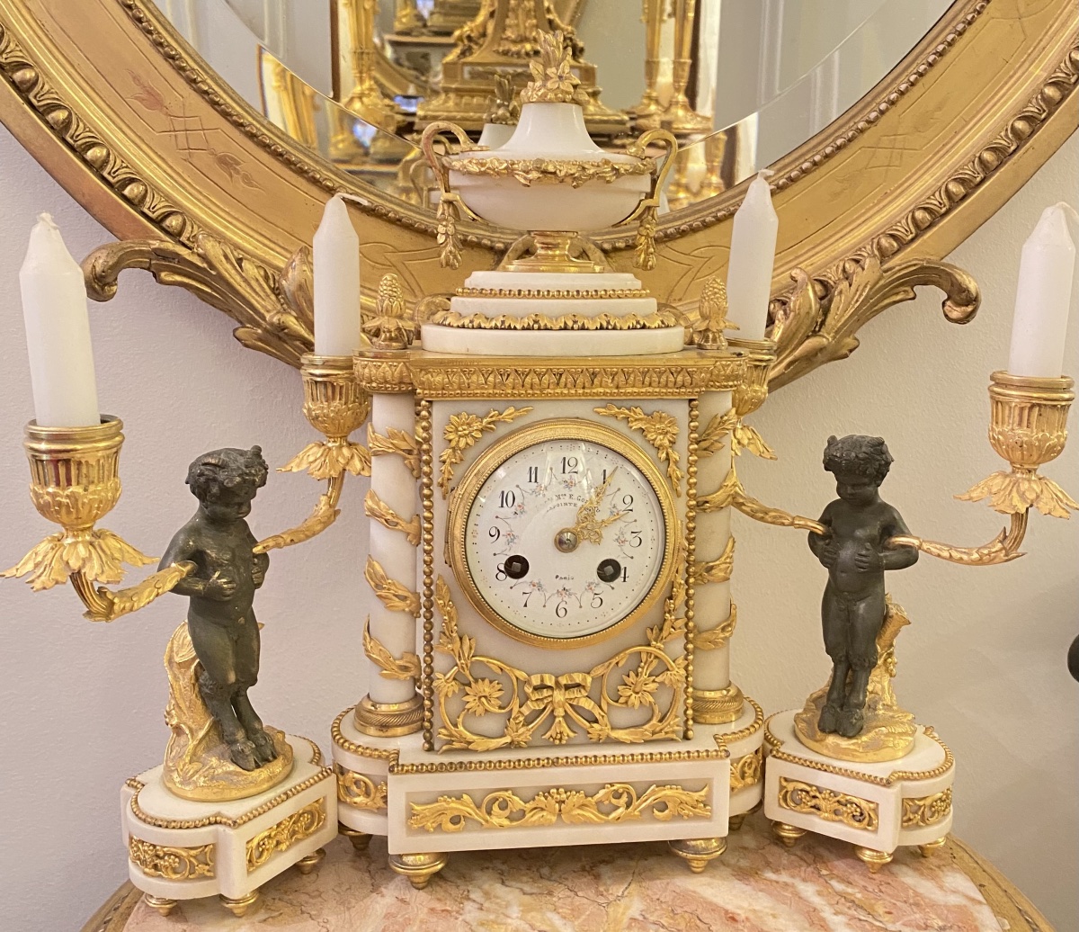 Alabaster And Gilt Bronze Garniture With Patinated Cherubs, Clock Signed E. Godeau Paris