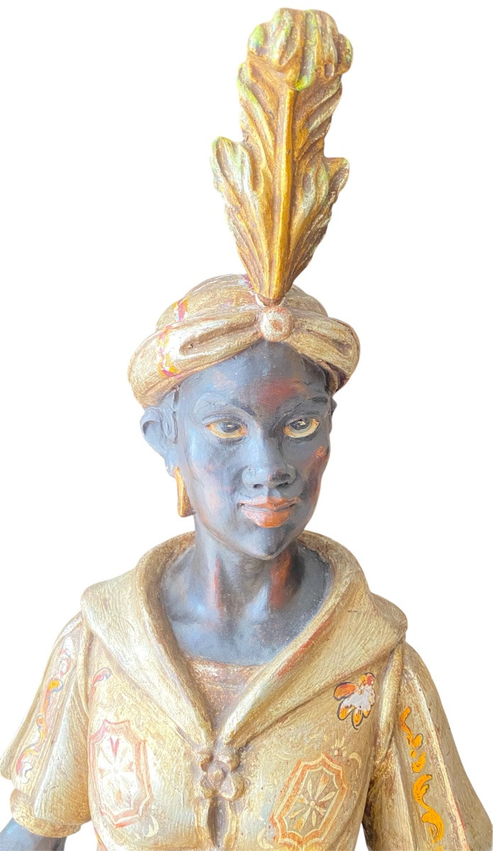 Large Venetian Moretto Figure Carrying A Tray, Polychrome Wood, Venice, Late 19th Century-photo-2