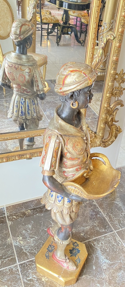 Large Venetian Moretto Figure Carrying A Tray, Polychrome Wood, Venice, Late 19th Century-photo-4