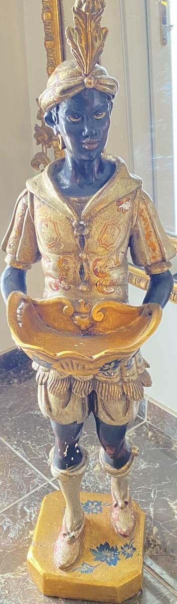Large Venetian Moretto Figure Carrying A Tray, Polychrome Wood, Venice, Late 19th Century