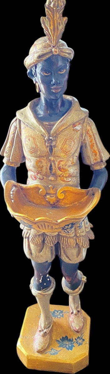 Important Venetian Moretto Blackamoor Figure Tray Holder In Polychrome Wood, Venice