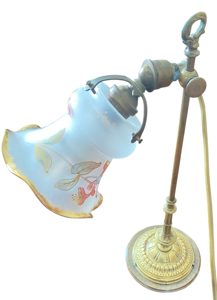 Art Nouveau Brass Table Lamp With Signed Daum Nancy Acid-etched Glass Shade-photo-4