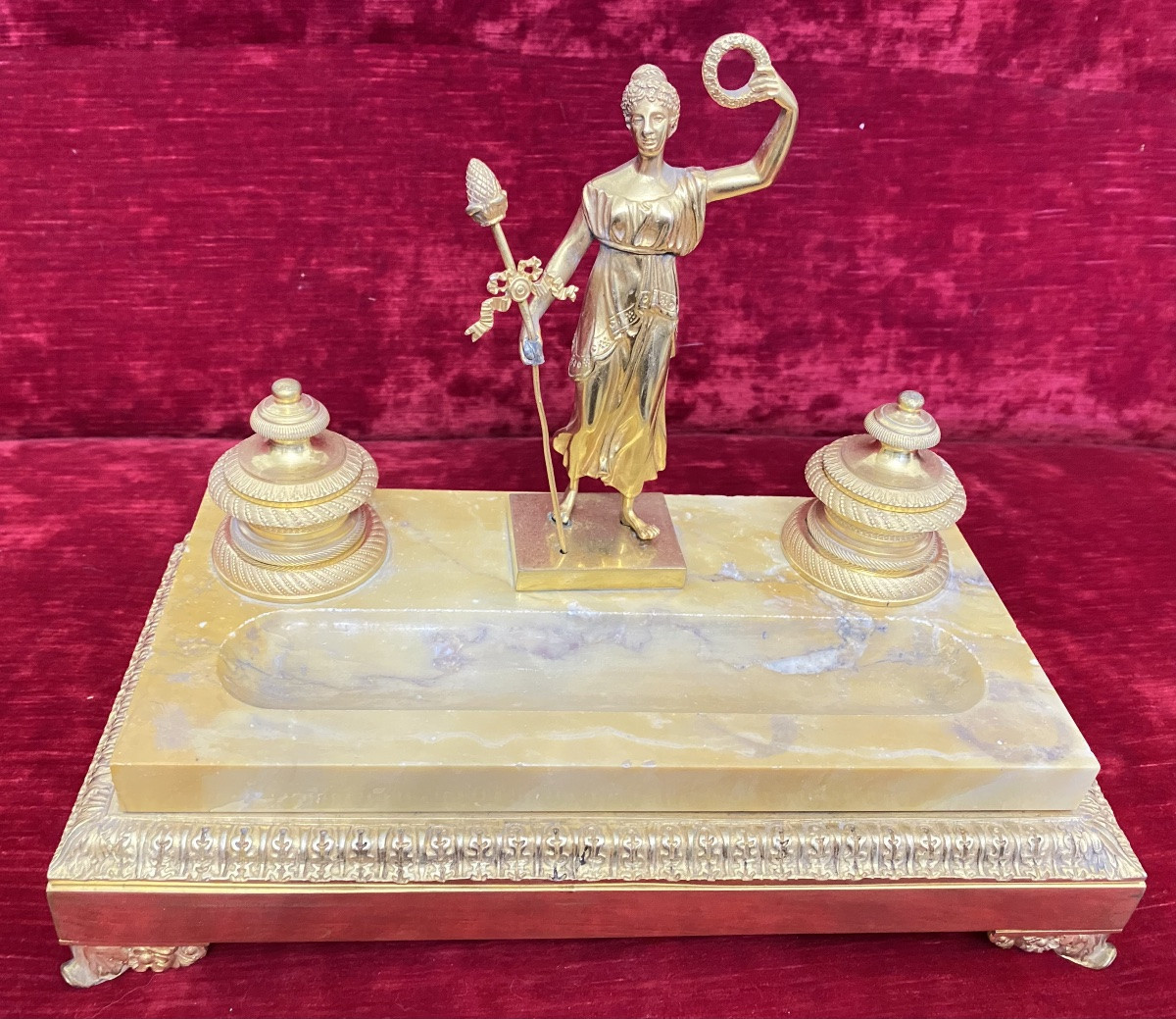 Encrier de bureau Napoléon III en bronze doré,onyx d'Algérie, figure allégorique  XIXᵉ siècle-photo-3