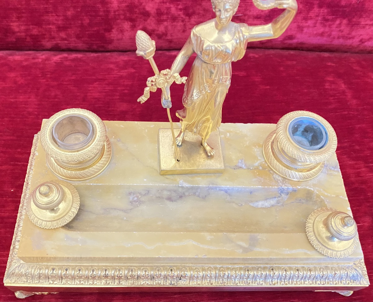 Encrier de bureau Napoléon III en bronze doré,onyx d'Algérie, figure allégorique  XIXᵉ siècle-photo-4