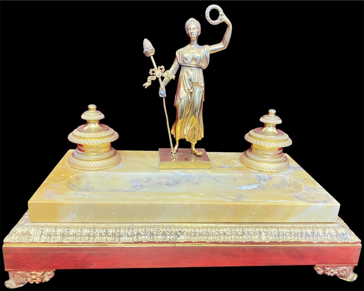 Napoleon III Gilt Bronze And Algerian Onyx Desk Inkwell With Allegorical Figure – 19th Century-photo-3