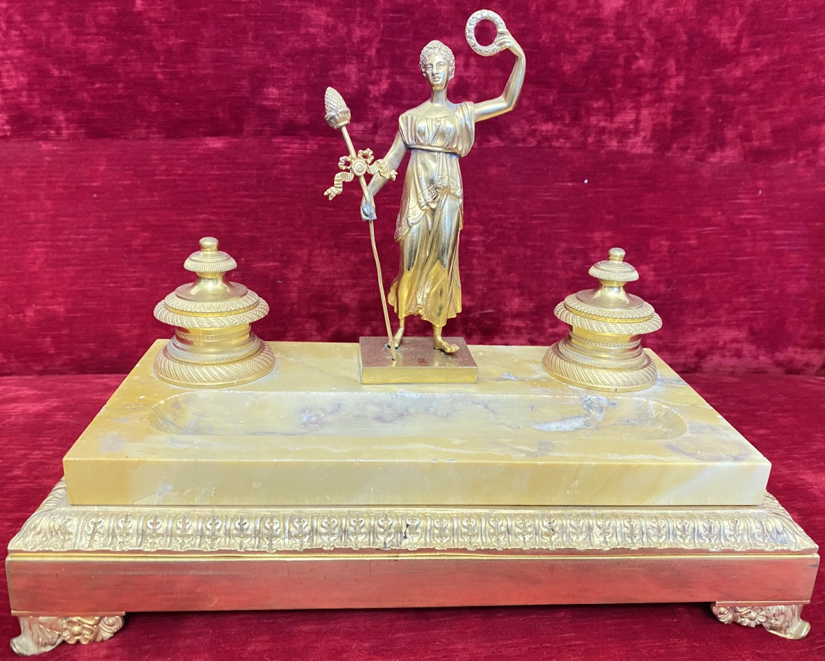 Encrier de bureau Napoléon III en bronze doré,onyx d'Algérie, figure allégorique  XIXᵉ siècle