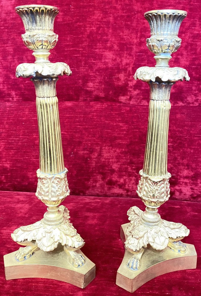 Pair Of French Restoration Period Gilt Bronze Candlesticks With Fluted Columns – 19th Century-photo-2