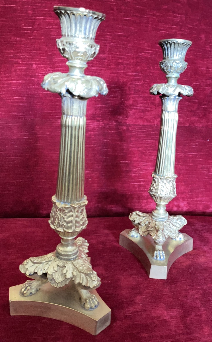 Pair Of French Restoration Period Gilt Bronze Candlesticks With Fluted Columns – 19th Century-photo-3