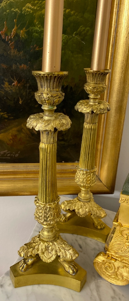 Pair Of French Restoration Period Gilt Bronze Candlesticks With Fluted Columns – 19th Century-photo-2