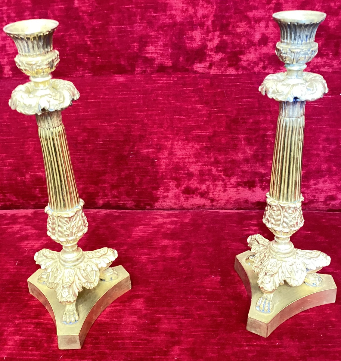 Pair Of French Restoration Period Gilt Bronze Candlesticks With Fluted Columns – 19th Century