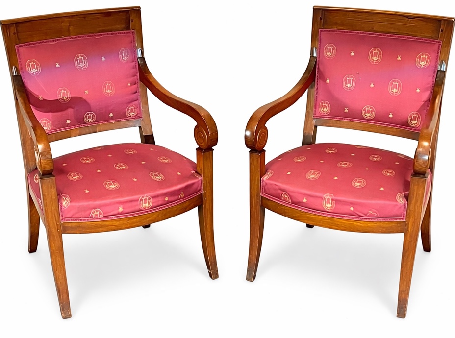 Pair Of Restoration Period Walnut Armchairs With Scrolled Armrests – 19th Century