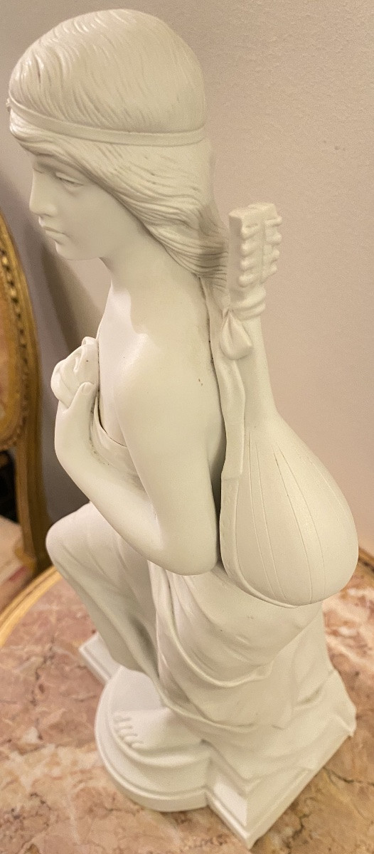 Signed Royer Biscuit Porcelain Sculpture, Young Woman With Mandolin, Neoclassical Style-photo-4