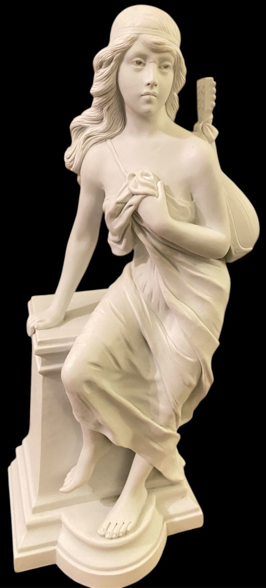 Signed Royer Biscuit Porcelain Sculpture, Young Woman With Mandolin, Neoclassical Style