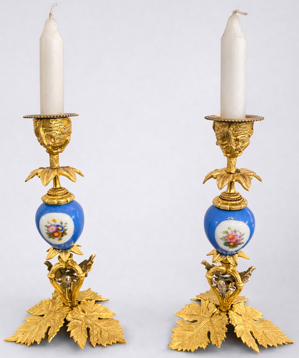 Pair Of Napoleon III Gilt Bronze And Blue Porcelain Candlesticks, Floral Decoration