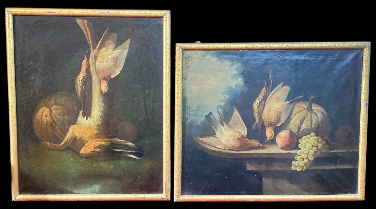 Pair Of French Hunting Still Lifes With Game Birds And Fruit, Late 18th  Early 19th Century-photo-4
