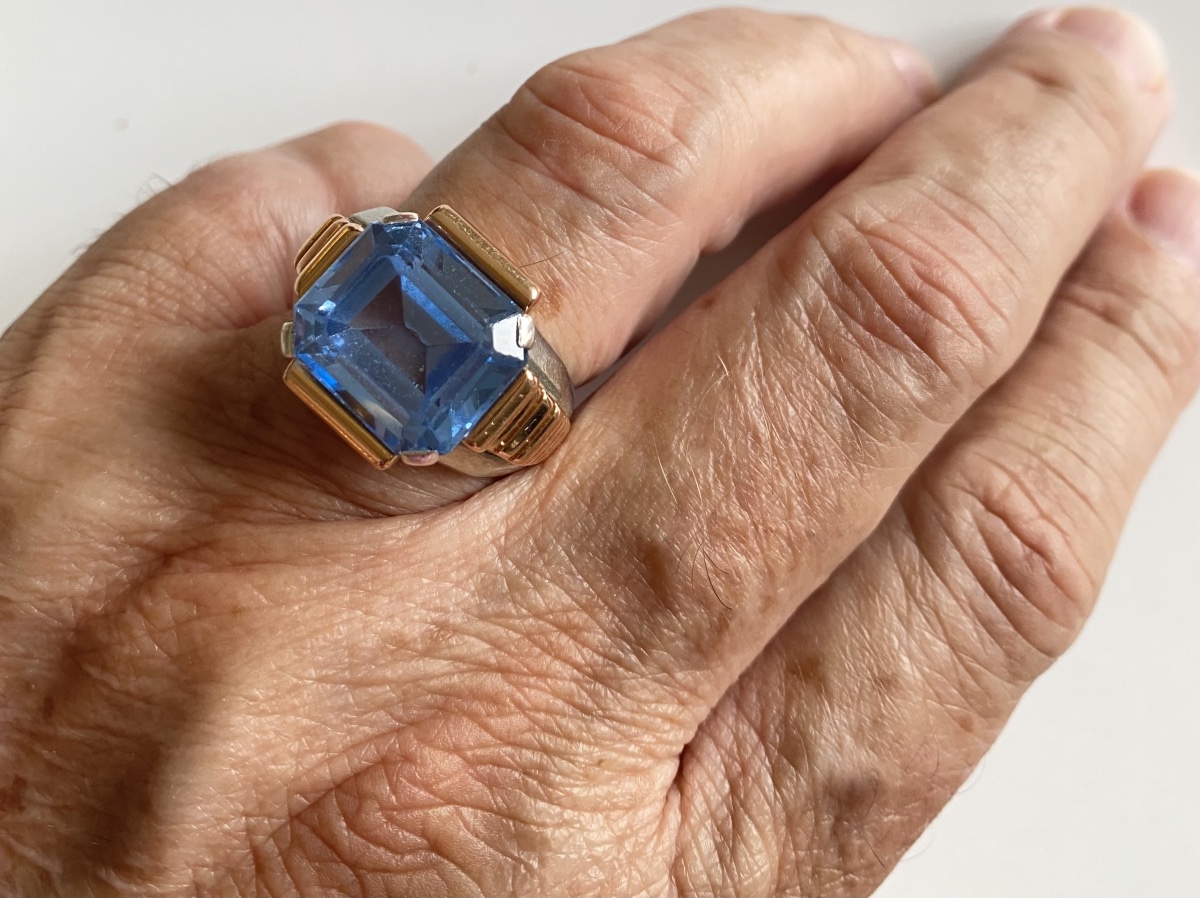 Bague Art Déco – Topaze Bleue, Or 18 Carats Et Argent-photo-2