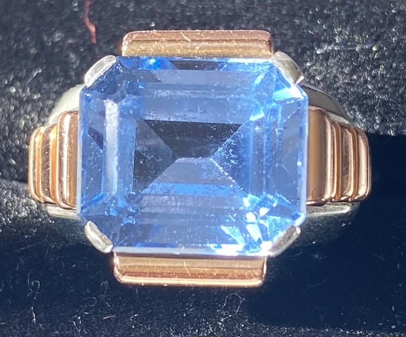 Bague Art Déco – Topaze Bleue, Or 18 Carats Et Argent