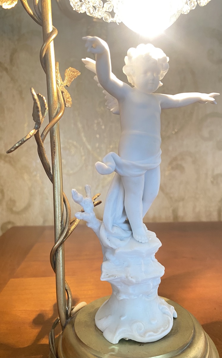 Rare Putto Lamp In Bisque And Gilt Bronze With Glass Bead Lampshade – 19th Century-photo-2