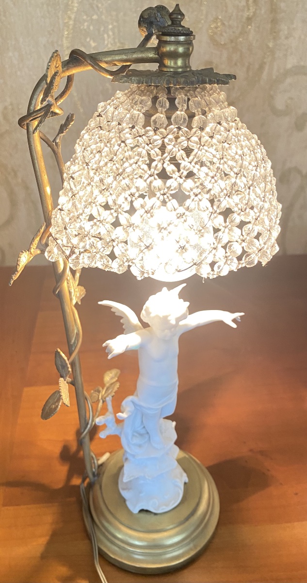 Rare Putto Lamp In Bisque And Gilt Bronze With Glass Bead Lampshade – 19th Century-photo-3