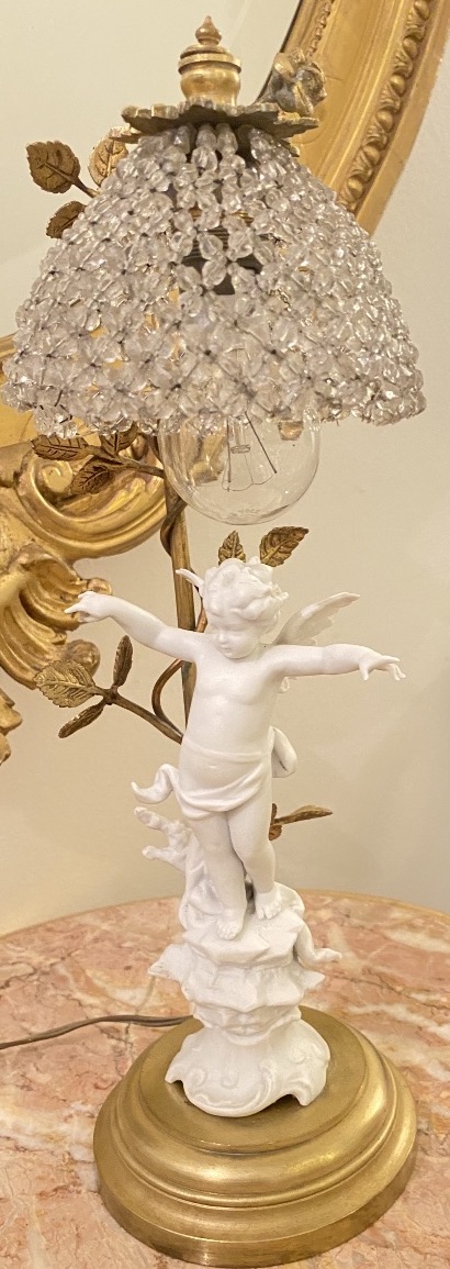 Rare Putto Lamp In Bisque And Gilt Bronze With Glass Bead Lampshade – 19th Century-photo-1