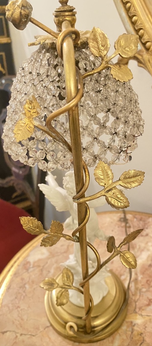 Rare Putto Lamp In Bisque And Gilt Bronze With Glass Bead Lampshade – 19th Century-photo-2