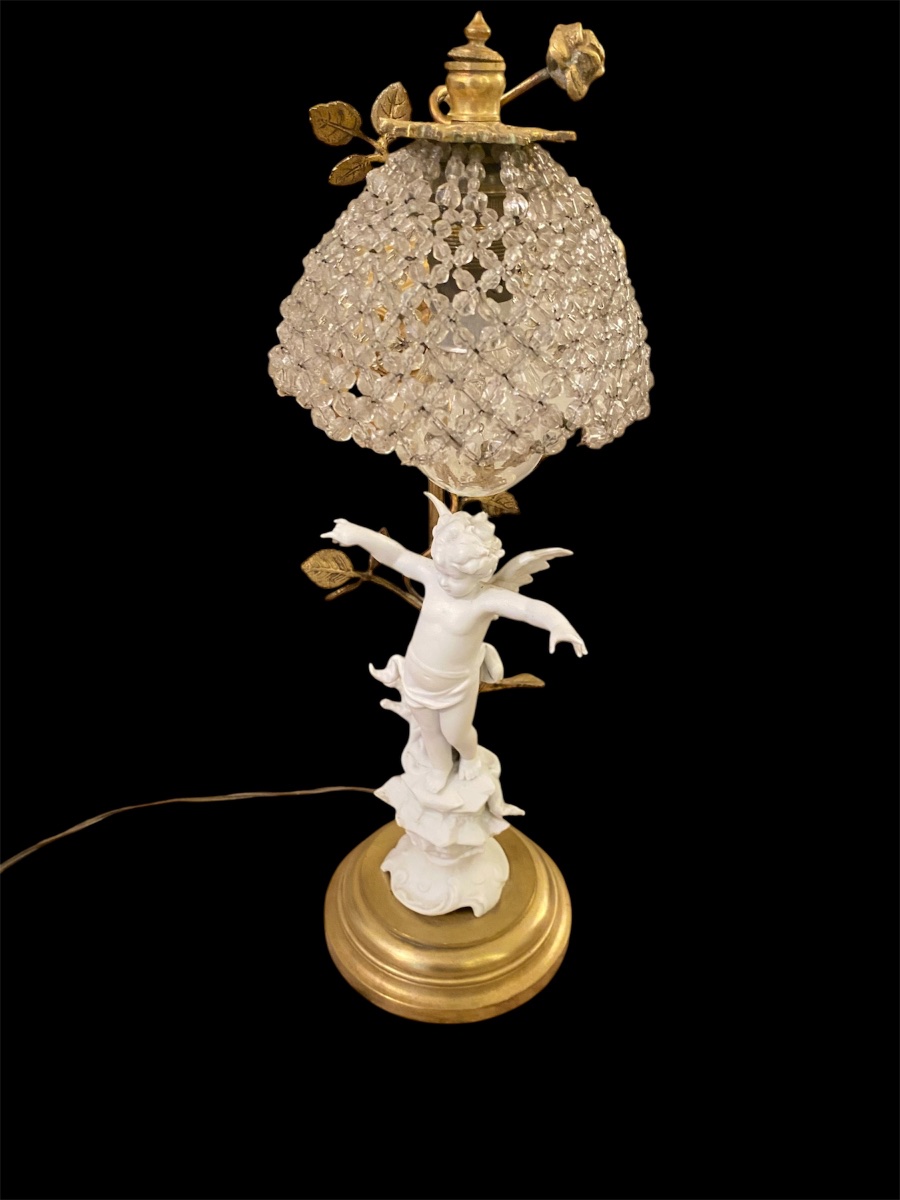 Rare Putto Lamp In Bisque And Gilt Bronze With Glass Bead Lampshade – 19th Century