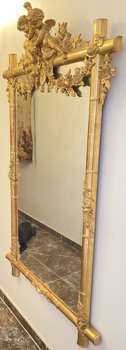 Important Miroir Louis XVI en Bois Sculpté et Doré – Putti et Guirlandes – XIXe Siècle-photo-2