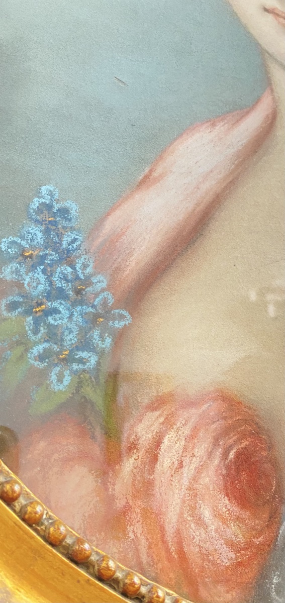 Portrait de Femme au Pastel, Cadre Ovale Doré – Fin XIXe / Début XXe Siècle-photo-2
