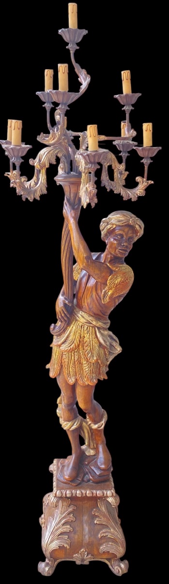 Importante Torchère au Nubien en Noyer Africain Sculpté, Doré et Argenté – Vers 1900-photo-2