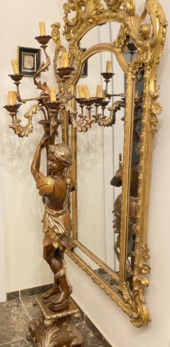 Importante Torchère au Nubien en Noyer Africain Sculpté, Doré et Argenté – Vers 1900-photo-3