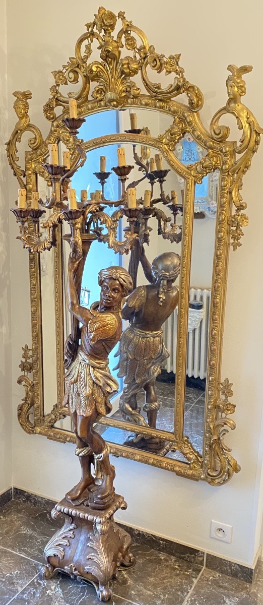 Importante Torchère au Nubien en Noyer Africain Sculpté, Doré et Argenté – Vers 1900-photo-4