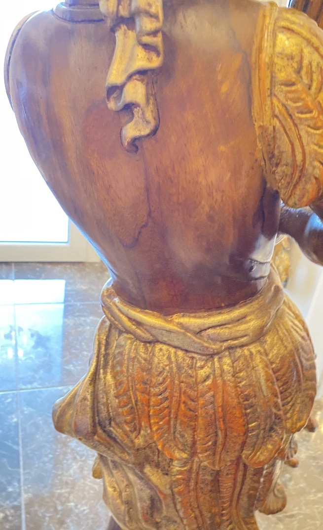 Importante Torchère au Nubien en Noyer Africain Sculpté, Doré et Argenté – Vers 1900-photo-1
