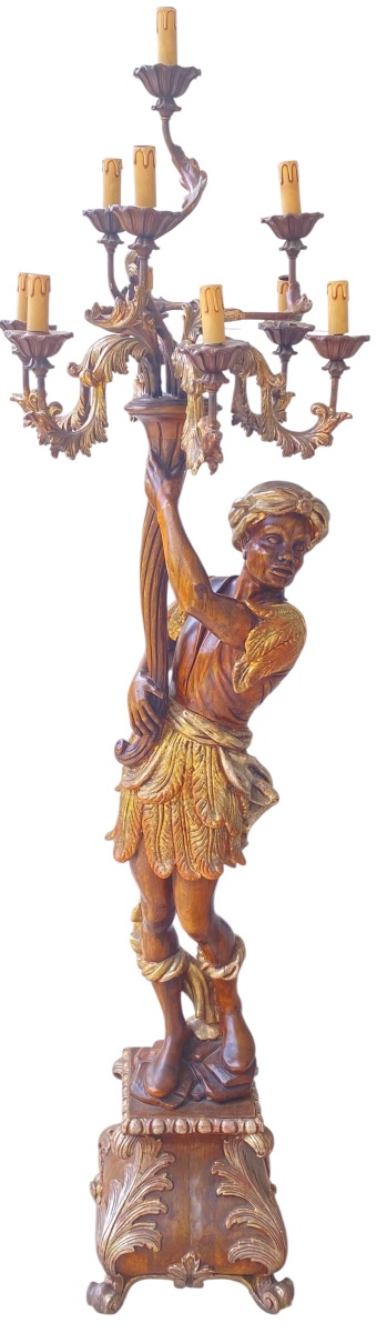 Importante Torchère au Nubien en Noyer Africain Sculpté, Doré et Argenté – Vers 1900