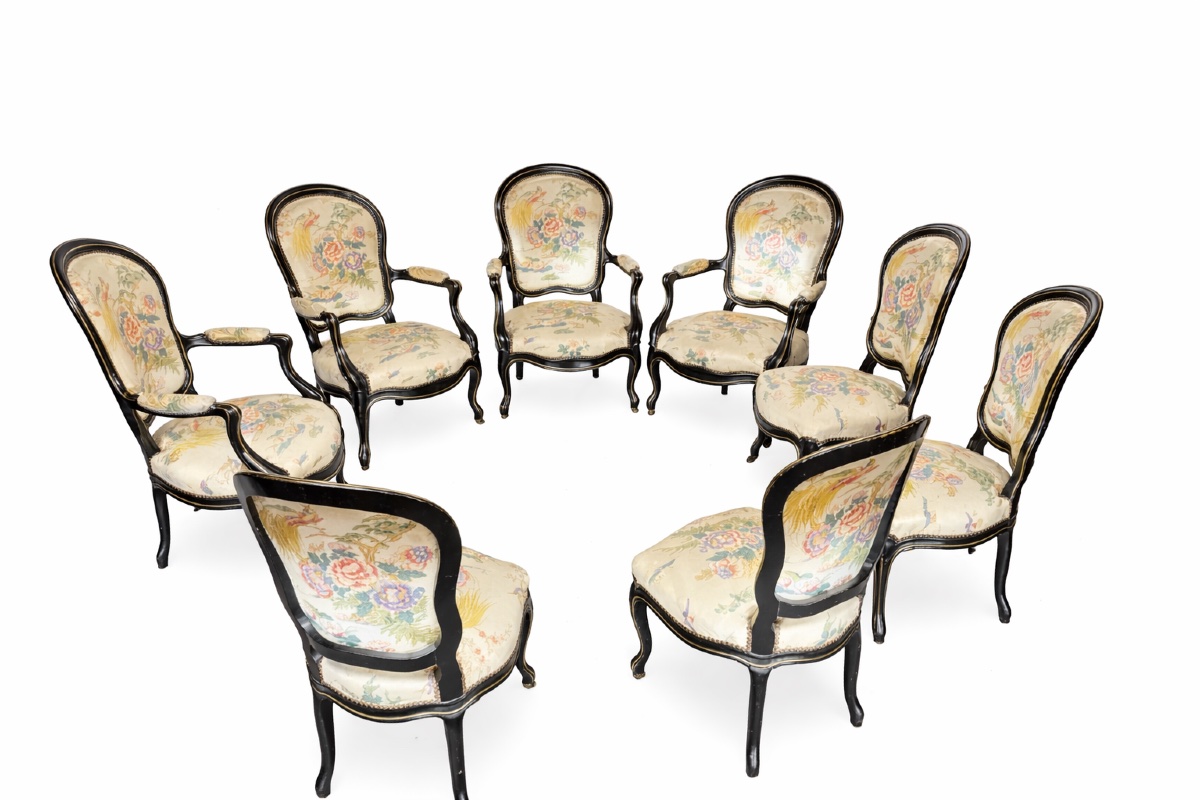 Napoleon III-style Blackened Wood Salon Suite – 4 Armchairs And 4 Chairs – 19th Century