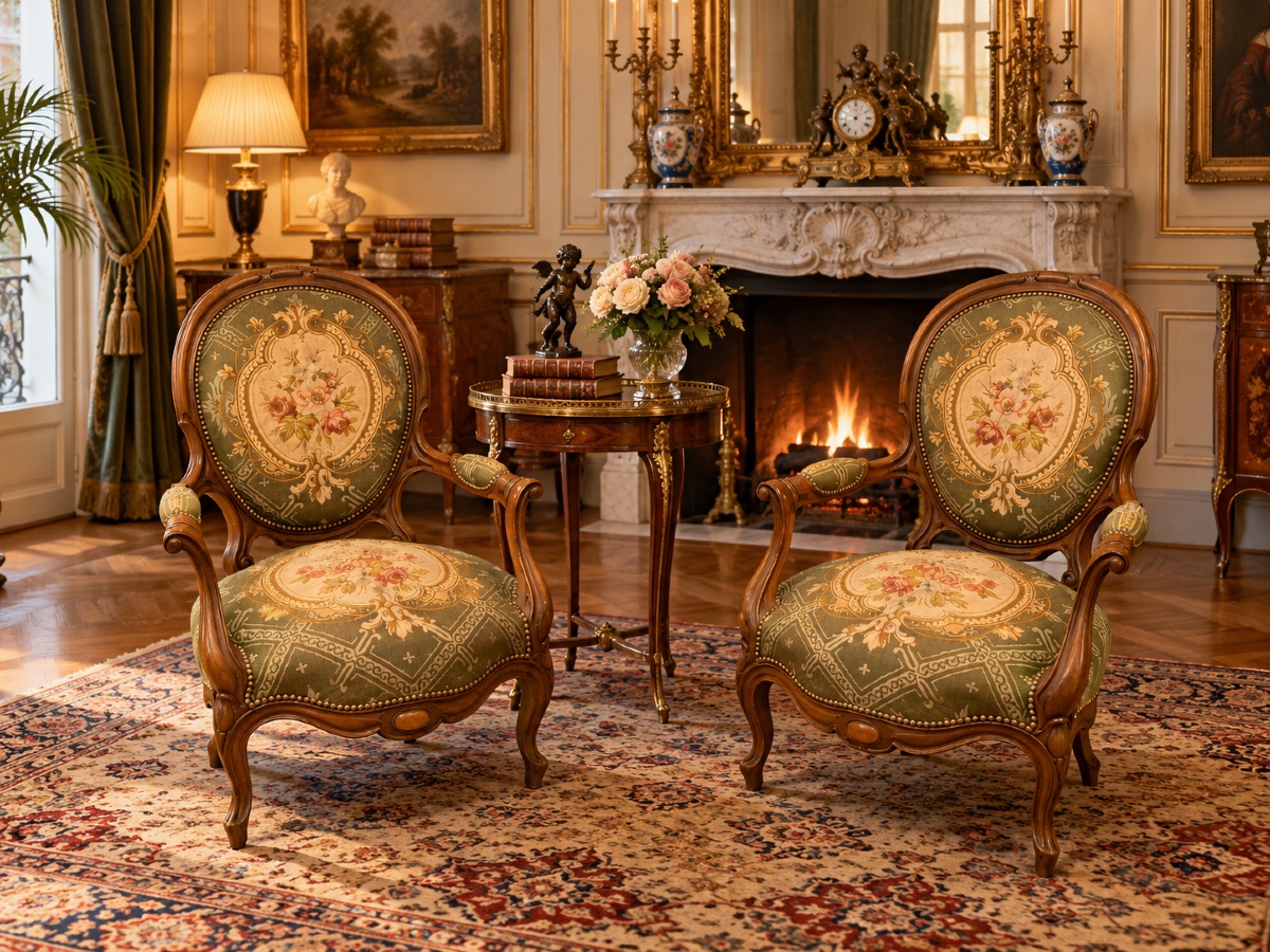 Paire de Fauteuils Napoléon III en Noyer Sculpté – Tapisserie Florale – XIXe Siècle-photo-2
