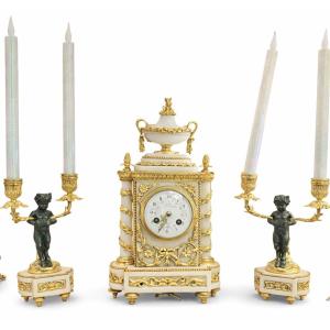 Alabaster And Gilt Bronze Garniture With Patinated Cherubs, Clock Signed E. Godeau Paris