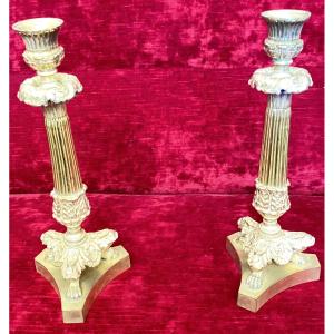 Pair Of French Restoration Period Gilt Bronze Candlesticks With Fluted Columns – 19th Century