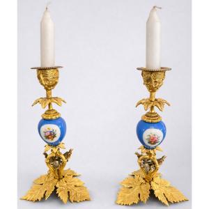 Pair Of Napoleon III Gilt Bronze And Blue Porcelain Candlesticks, Floral Decoration