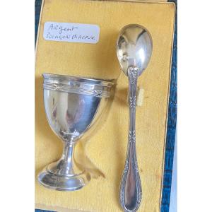 French Sterling Silver Egg Cup And Spoon, Minerva Hallmark, Case – 19th Century