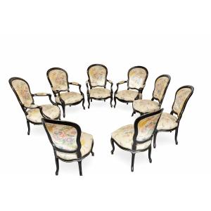 Napoleon III-style Blackened Wood Salon Suite – 4 Armchairs And 4 Chairs – 19th Century