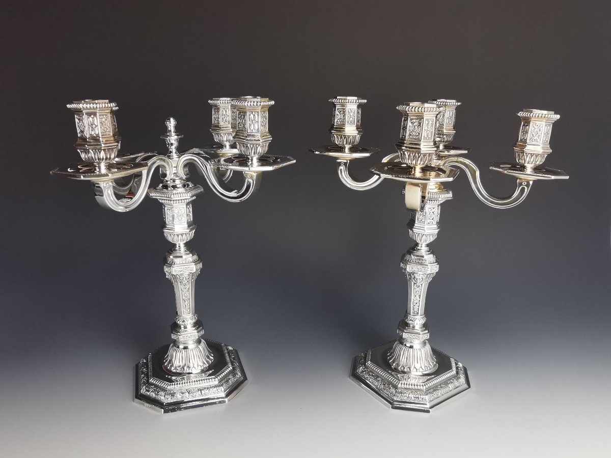 Christofle - Paire De Chandeliers / Candélabres à 4 Bras -  Modèle Dupérier - Style Antique