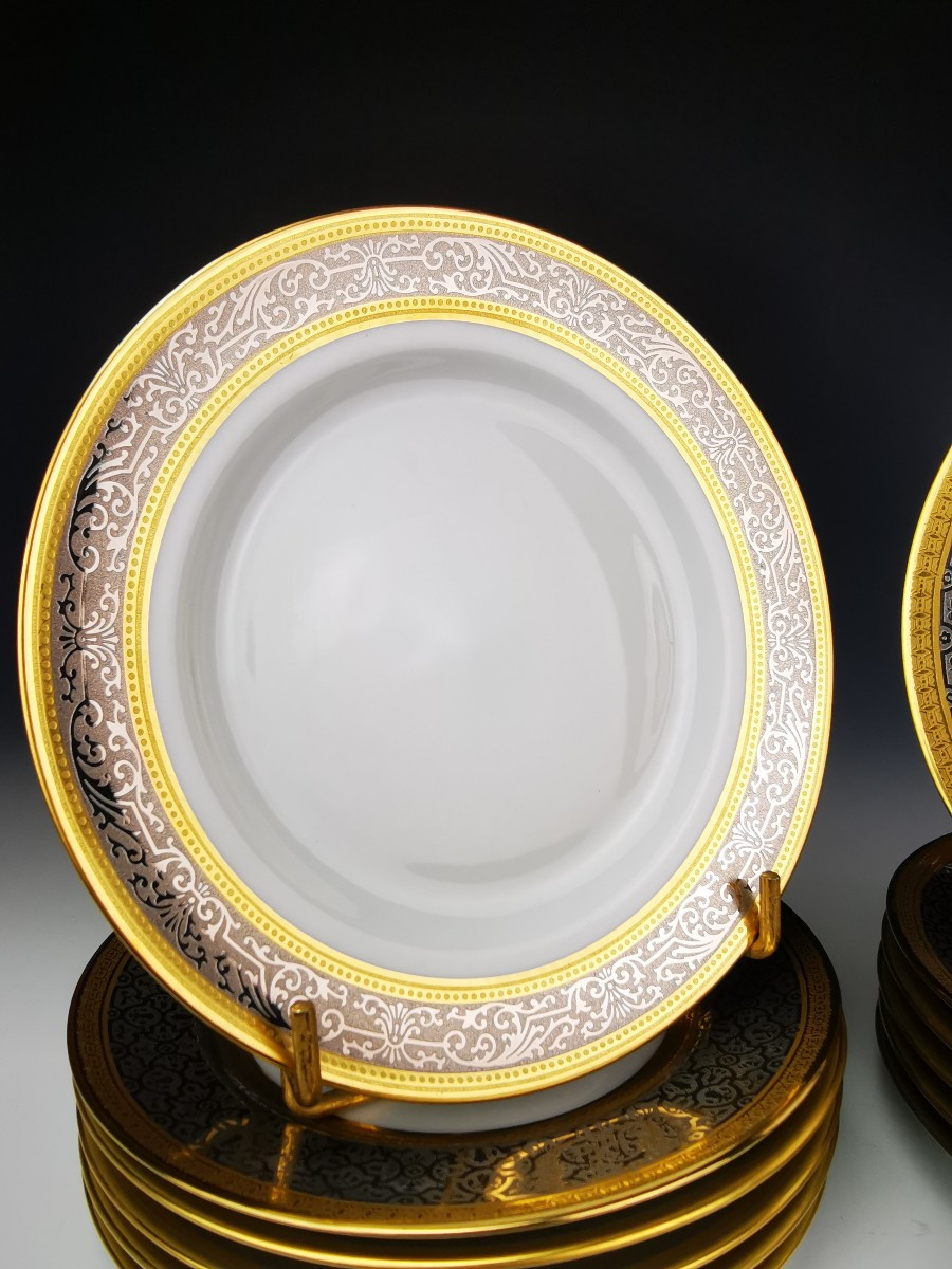 Bernardaud "Vulcain" - 5 Assiettes à Pain ø 16,5 Cm Incrustation Or Et Platine