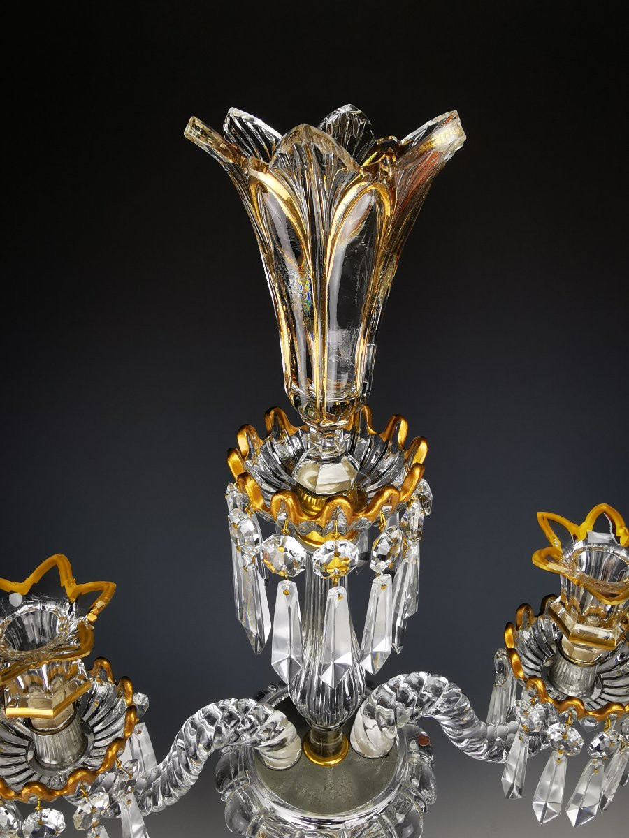 Baccarat - Large Crystal Candelabra "medallions" Model Enhanced With Gold - 60 Cm-photo-1