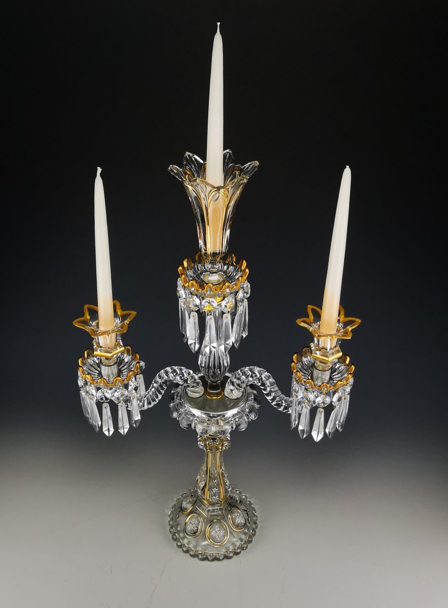 Baccarat - Large Crystal Candelabra "medallions" Model Enhanced With Gold - 60 Cm-photo-5