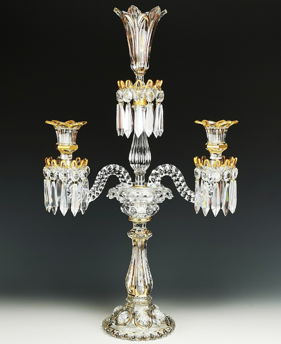 Baccarat - Large Crystal Candelabra "medallions" Model Enhanced With Gold - 60 Cm
