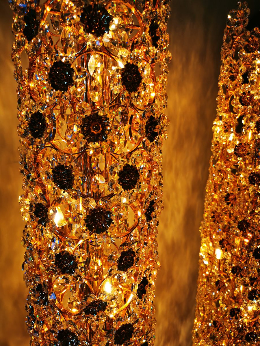 Cristallerie PALWA (Palme & Walter) - Paire de lampadaires laiton doré et cristal - vers 1960-photo-2