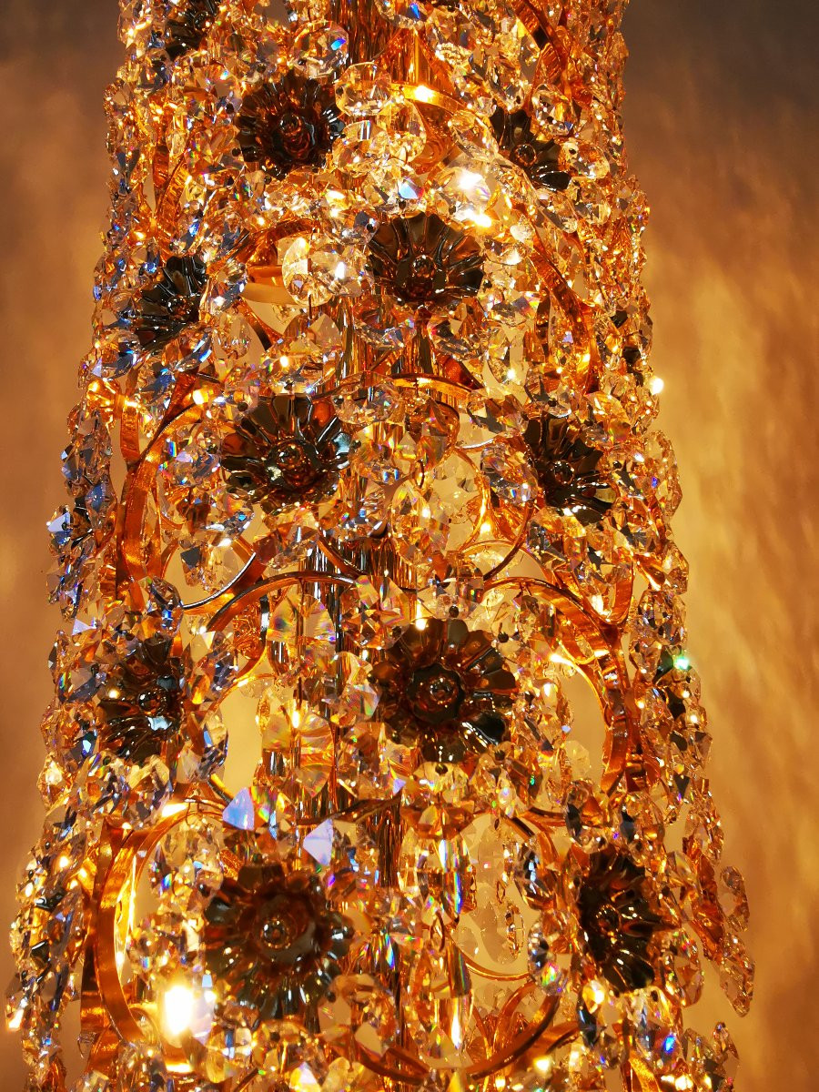 Cristallerie PALWA (Palme & Walter) - Paire de lampadaires laiton doré et cristal - vers 1960-photo-4