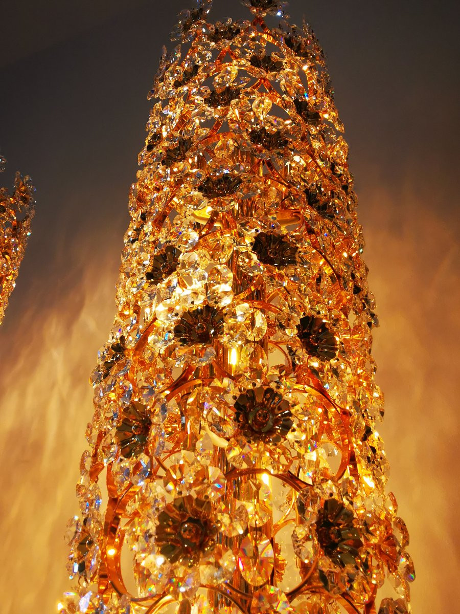 Cristallerie PALWA (Palme & Walter) - Paire de lampadaires laiton doré et cristal - vers 1960-photo-1