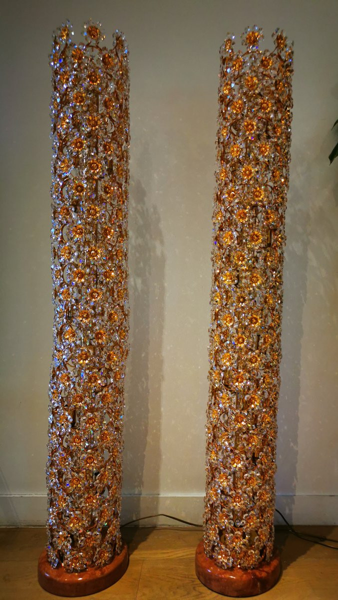 Cristallerie PALWA (Palme & Walter) - Paire de lampadaires laiton doré et cristal - vers 1960-photo-4