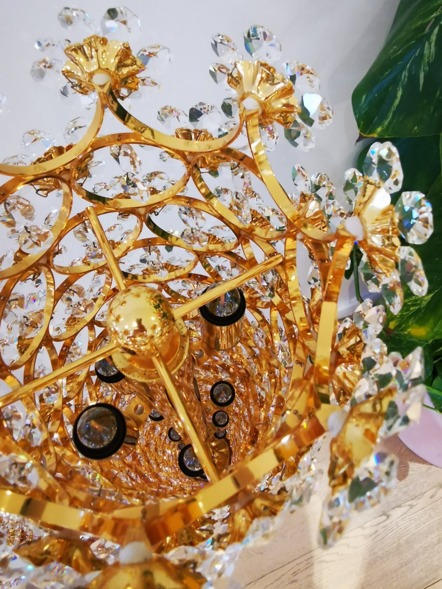 Cristallerie PALWA (Palme & Walter) - Paire de lampadaires laiton doré et cristal - vers 1960-photo-5